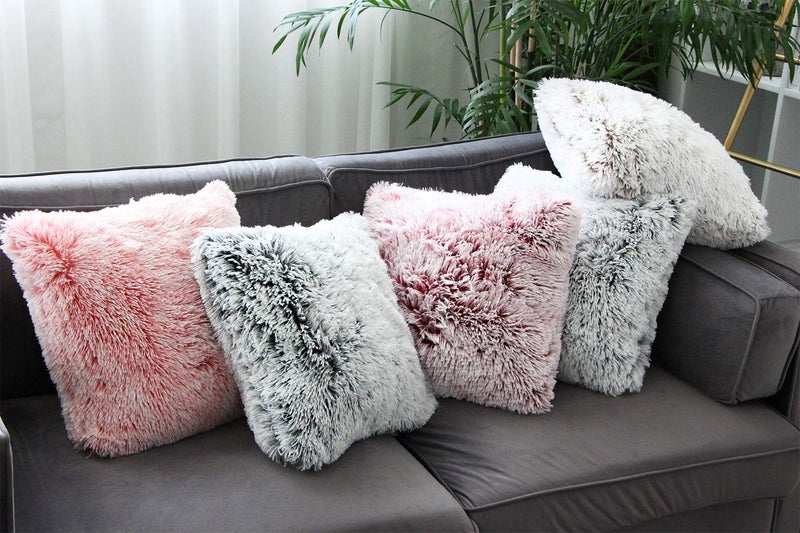 Uhomy 2 Packs Fluffy Accent Pillows Cover 18"x18", Soft Burgundy Ombre Faux Fur Throw Pillow Case, Modern Luxury Decorative Square Cushion Cover for Farmhouse Home Decor for Sofa/Bed/Chair, 45x45cm - Image 5